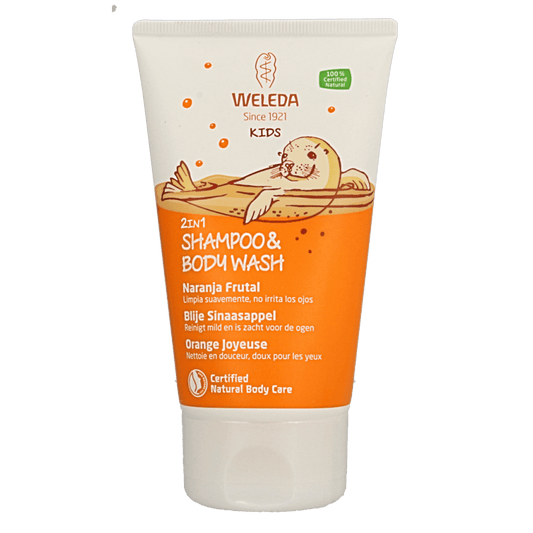 Weleda Kids 2 - in - 1 shampoo & bodywash blije sinaasappel 150 Milliliter - DrogistWereld